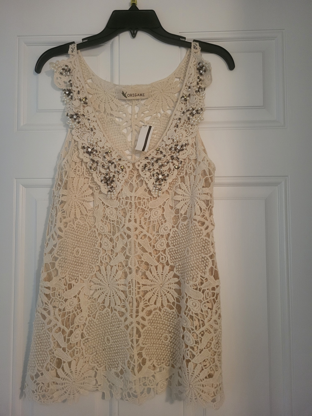 Origami Cream Crochet Lace Top with Beaded V-Neck